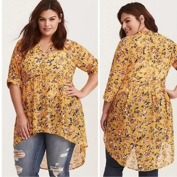 Torrid Lexie Yellow Floral Chiffon Hi-Lo Babydoll Sheer Tunic Size 2 2x Plus - Picture 1 of 8